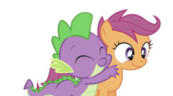 Size: 750x420 | Tagged: safe, artist:dashiesparkle, artist:dashiesparkle edit, edit, editor:undeadponysoldier, imported from derpibooru, scootaloo, spike, dragon, pegasus, pony, cute, cutealoo, female, filly, male, scootaspike, shipping, simple background, straight, white background