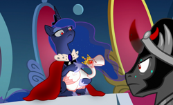 Size: 1280x780 | Tagged: safe, edit, edited screencap, imported from derpibooru, screencap, king sombra, princess luna, alicorn, bird, goose, pony, unicorn, sparkle's seven, the beginning of the end, crown, female, intimidating, jewelry, laser, laser pointer, luna petting goose, male, mare, menacing, regalia, stallion