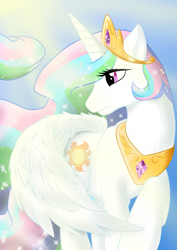 Size: 2893x4092 | Tagged: safe, artist:eternalcherryblossom, imported from derpibooru, princess celestia, alicorn, pony, crepuscular rays, crown, cute, cutelestia, female, high res, jewelry, mare, profile, regalia, solo