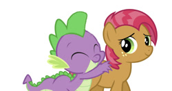 Size: 750x398 | Tagged: safe, artist:reginault, edit, editor:undeadponysoldier, imported from derpibooru, babs seed, spike, dragon, earth pony, pony, babspike, crack shipping, cute, female, filly, freckles, hug, hug from behind, male, shipping, straight