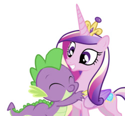 Size: 630x587 | Tagged: safe, artist:andreamelody, edit, editor:undeadponysoldier, imported from derpibooru, princess cadance, spike, alicorn, dragon, pony, crown, female, hug, infidelity, jewelry, male, mare, regalia, shipping, spikedance, straight