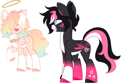 Size: 2109x1444 | Tagged: safe, artist:taaffeiite, deleted from derpibooru, derpibooru exclusive, imported from derpibooru, oc, oc only, pegasus, pony, coat markings, duo, halo, male, multicolored hair, rainbow hair, raised hoof, simple background, socks (coat marking), socks (coat markings), stallion, transparent background