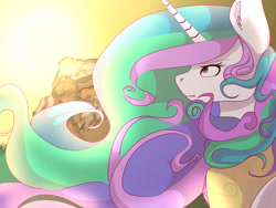 Size: 1600x1200 | Tagged: safe, artist:rejnbo, imported from derpibooru, princess celestia, pony, bust, ear fluff, female, mare, peytral, portrait, profile, solo, sun