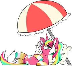 Size: 1452x1334 | Tagged: safe, artist:taaffeiite, deleted from derpibooru, derpibooru exclusive, imported from derpibooru, oc, oc only, pony, unicorn, crossed legs, female, mare, multicolored hair, pillow, rainbow hair, simple background, smiling, solo, transparent background, umbrella