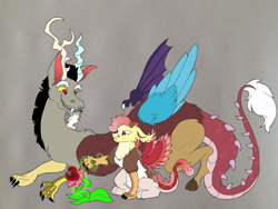 Size: 1817x1369 | Tagged: safe, artist:nightshade2004, imported from derpibooru, discord, oc, oc:lisianthus, hybrid, carnivorous plant, father and son, interspecies offspring, magic, male, offspring, parent:discord, parent:fluttershy, parents:discoshy