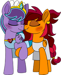 Size: 2129x2597 | Tagged: safe, artist:taaffeiite, deleted from derpibooru, imported from derpibooru, oc, oc only, pegasus, pony, blushing, clothes, commission, couple, crown, duo, ear piercing, earring, eyes closed, female, holding hooves, jewelry, lesbian, mare, necklace, piercing, regalia, robe, simple background, smiling, touching muzzles, transparent background