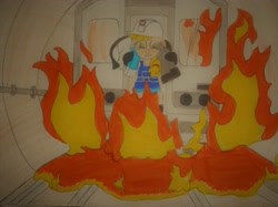 Size: 5151x3863 | Tagged: safe, imported from derpibooru, applejack, earth pony, pony, bipedal, clothes, driver, female, fire, gloves, hard hat, hopeless, lava, male, mare, overalls, rescue, scared, subway, traditional art, train, tunnel, volcano 1997