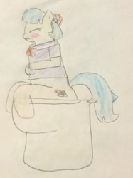 Size: 772x1034 | Tagged: safe, artist:snipiper, imported from derpibooru, coco pommel, earth pony, pony, blushing, but why, fart, female, implied diarrhea, implied farting, implied pooping, sitting on toilet, story included, toilet, traditional art