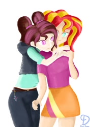 Size: 752x1063 | Tagged: safe, artist:dumbprincess, imported from derpibooru, sunset shimmer, oc, human, equestria girls, commission, duo, female, hug, pigtails, simple background, wavy hair, white background