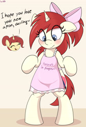 Size: 2312x3420 | Tagged: safe, artist:an-tonio, imported from derpibooru, oc, oc only, oc:golden brooch, oc:silver draw, pony, semi-anthro, unicorn, apron, bipedal, blushing, bow, clothes, duo, eye clipping through hair, female, freckles, hair bow, housewife, looking down, mother and daughter