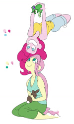 Size: 779x1304 | Tagged: safe, artist:ponyretirementhome, imported from derpibooru, fluttershy, gummy, pinkie pie, alligator, rabbit, equestria girls, animal, female, flutterpie, grin, lesbian, shipping, smiling