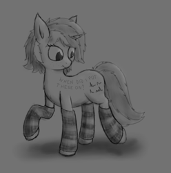 Size: 2314x2335 | Tagged: safe, artist:deerdraw, imported from derpibooru, oc, oc only, oc:sign, pony, unicorn, :t, body writing, clothes, female, freckles, grayscale, looking back, monochrome, raised hoof, socks, solo, striped socks, zippysqrl's birthday