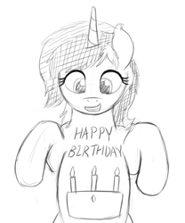 Size: 1000x1200 | Tagged: safe, artist:mkogwheel, imported from derpibooru, oc, oc only, oc:sign, pony, unicorn, belly, belly button, body writing, female, grayscale, monochrome, simple background, solo, white background, zippysqrl's birthday