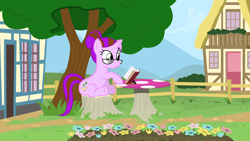 Size: 6158x3467 | Tagged: safe, artist:tsabak, imported from derpibooru, oc, oc only, pony, unicorn, absurd resolution, book, female, fence, flower, glasses, mare, mushroom table, solo, tree, tree stump