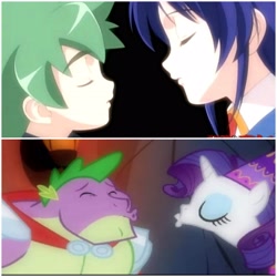 Size: 2896x2896 | Tagged: safe, edit, imported from derpibooru, screencap, rarity, spike, dragon, human, pony, unicorn, a dog and pony show, anime, ayako takasu, beefspike, buff spike, fantasy, female, kissing, knight spike, male, mamoru yoshimura, mamoru-kun ni megami no shukufuku wo!, shipping, sparity, straight