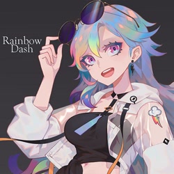 Size: 500x500 | Tagged: safe, artist:xxiee, imported from derpibooru, rainbow dash, human, belly button, breasts, busty rainbow dash, clothes, female, humanized, looking at you, midriff, open mouth, shorts, solo, sunglasses
