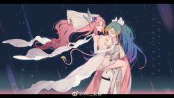 Size: 1920x1080 | Tagged: safe, artist:xxiee, imported from derpibooru, fluttershy, rainbow dash, human, big breasts, breasts, busty fluttershy, busty rainbow dash, clothes, dress, eyes closed, female, flutterdash, humanized, lesbian, shipping