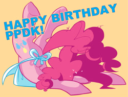 Size: 800x607 | Tagged: safe, artist:kilo, imported from derpibooru, pinkie pie, earth pony, pony, pinkiepieskitchen, apron, clothes, faceplant, female, mare, simple background, solo, yellow background