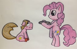 Size: 1280x812 | Tagged: safe, artist:adurot, imported from derpibooru, pinkie pie, earth pony, pony, pinkiepieskitchen, apron, ask-pony-kirby, bipedal, clothes, female, kirby, kirby (character), kirby (series), mare, plate, ponified, traditional art