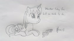 Size: 4032x2268 | Tagged: safe, artist:parclytaxel, imported from derpibooru, oc, oc only, oc:parcly taxel, alicorn, pony, ain't never had friends like us, albumin flask, parcly taxel in japan, alicorn oc, female, goggles, horn, japan, lineart, looking up, mare, monochrome, pencil drawing, prone, solo, story included, traditional art
