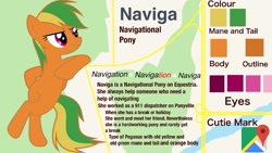Size: 1191x671 | Tagged: safe, artist:indonesiarailroadpht, artist:ponyrailartist, imported from derpibooru, oc, oc only, oc:naviga, pegasus, pony, female, google maps, mare, reference sheet, show accurate