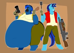 Size: 1060x754 | Tagged: safe, artist:charlyc1995, imported from derpibooru, oc, oc only, oc:dial liyon, oc:dr meem, anthro, belly, big belly, chubby, fat, huge belly, impossibly large belly, metal slug, morbidly obese, obese, weapon, weight gain