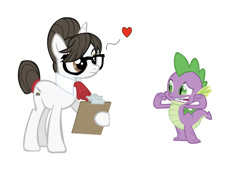 Size: 750x518 | Tagged: safe, artist:30coloredowl, artist:thebosscamacho, edit, editor:undeadponysoldier, imported from derpibooru, raven, spike, dragon, pony, unicorn, choker, clipboard, female, glasses, heart, in love, looking good spike, male, mare, ravenspike, shipping, simple background, straight, vector, white background