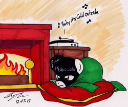 Size: 1140x954 | Tagged: safe, artist:newyorkx3, imported from derpibooru, oc, oc only, oc:tommy junior, earth pony, pony, blanket, colt, fire, fireplace, male, pillow, record player, solo, song, traditional art, wood