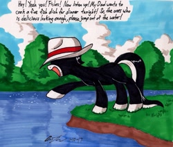Size: 1547x1314 | Tagged: safe, artist:newyorkx3, imported from derpibooru, oc, oc only, oc:tommy junior, earth pony, pony, cloud, colt, hat, lake, male, solo, traditional art, tree