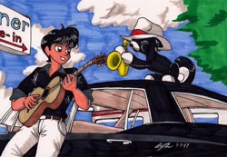 Size: 1923x1329 | Tagged: safe, artist:newyorkx3, imported from derpibooru, oc, oc only, oc:tommy, oc:tommy junior, earth pony, human, pony, cadillac, car, guitar, hat, musical instrument, saxophone, sky, traditional art, tree