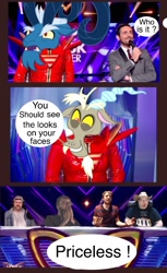 Size: 750x1223 | Tagged: safe, imported from derpibooru, discord, grogar, the ending of the end, spoiler:s09, applegeek, exploitable meme, meme, reaction, reaction guys, the masked singer