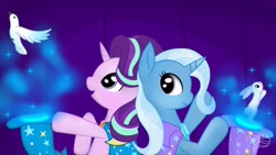 Size: 1192x670 | Tagged: safe, artist:hailblitz, imported from derpibooru, starlight glimmer, trixie, pony, rabbit, unicorn, animal, clothes, hat, stage, trixie's hat