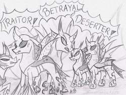 Size: 1024x768 | Tagged: safe, artist:rossmaniteanzu, imported from derpibooru, pharynx, thorax, changeling, to where and back again, angry, brothers, fangs, grayscale, hive, male, monochrome, pencil drawing, scared, siblings, sketch, speech bubble, traditional art
