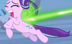 Size: 911x561 | Tagged: safe, imported from derpibooru, screencap, starlight glimmer, pony, unicorn, the ending of the end, abuse, blast, female, glimmerbuse, implied queen chrysalis, magic, magic blast, mare, offscreen character, ouch, solo, you know for kids