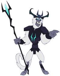 Size: 797x1003 | Tagged: safe, artist:andoanimalia, imported from derpibooru, storm king, yeti, my little pony: the movie, alternate design, angry, antagonist, armor, claws, cloven hooves, crown, crystal, fangs, growling, horns, jewelry, male, original design, pointing, regalia, simple background, solo, staff, staff of sacanas, storm king's emblem, tail, transparent background, vector