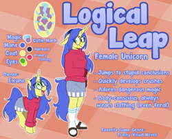 Size: 1393x1119 | Tagged: safe, artist:redxbacon, imported from derpibooru, oc, oc only, oc:logical leap, anthro, plantigrade anthro, pony, unicorn, anthro oc, anthro with ponies, clothes, cute, female, glasses, grin, hairband, mare, miniskirt, ocbetes, reference sheet, sandals, shy, shy smile, skirt, smiling, socks, solo, sweater