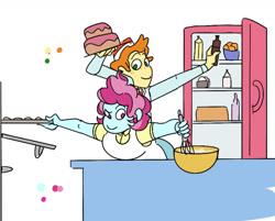 Size: 1280x1029 | Tagged: safe, artist:ponyretirementhome, imported from derpibooru, carrot cake, cup cake, equestria girls, apron, bowl, cake, chiffon swirl, clothes, female, food, husband and wife, male, oven, refrigerator, simple background, whisk, white background