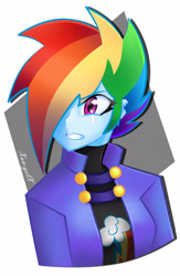 Size: 1835x2821 | Tagged: safe, artist:xan-gelx, imported from derpibooru, rainbow dash, human, equestria girls, alternate timeline, apocalypse dash, clothes, crystal war timeline, female, jacket, signature, solo, torn ear