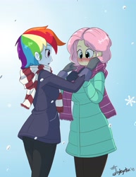 Size: 3169x4096 | Tagged: safe, artist:jeglegator, imported from derpibooru, fluttershy, rainbow dash, human, equestria girls, blushing, clothes, duo, female, flutterdash, gloves, jacket, lesbian, looking at each other, scarf, shipping, snow