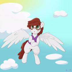 Size: 2048x2048 | Tagged: safe, artist:epicenehs, imported from derpibooru, oc, oc only, oc:graph travel, pegasus, pony, clothes, cloud, female, flying, freckles, goggles, heart eyes, mare, sky, solo, sun, vest, wingding eyes