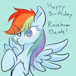 Size: 1774x1770 | Tagged: safe, artist:noupu, imported from derpibooru, rainbow dash, pegasus, pony, blue background, female, happy birthday, mare, simple background, solo, wrong eye color