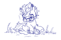 Size: 2840x1872 | Tagged: safe, artist:dilarus, deleted from derpibooru, imported from derpibooru, kirin, fanfic:harry potter and the crystal empire, circling stars, colt, crossover, derp, fanfic art, foal, glasses, harry potter, human to kirin, kirin-ified, male, monochrome, simple background, species swap, transformation, white background