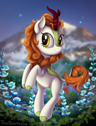 Size: 1576x2060 | Tagged: safe, artist:thebowtieone, imported from derpibooru, autumn blaze, kirin, sounds of silence, awwtumn blaze, bipedal, cloven hooves, colored hooves, cute, female, flower, foal's breath, looking at you, solo
