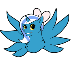 Size: 894x894 | Tagged: safe, imported from derpibooru, oc, oc only, oc:fleurbelle, alicorn, pony, adorabelle, alicorn oc, bow, cute, female, hair bow, long hair, long mane, mare, ribbon, smiling, spread wings, wings, yellow eyes
