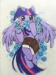 Size: 603x806 | Tagged: safe, artist:roya, imported from derpibooru, twilight sparkle, alicorn, pony, blush sticker, blushing, book, cute, flower, on back, pixiv, solo, traditional art, twiabetes, twilight sparkle (alicorn)