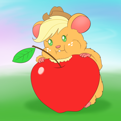 Size: 1000x1000 | Tagged: safe, artist:empyu, imported from derpibooru, applejack, hamster, apple, eating, female, food, freckles, hat, solo, species swap