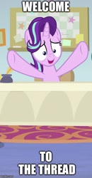 Size: 375x720 | Tagged: safe, edit, edited screencap, imported from derpibooru, screencap, starlight glimmer, pony, unicorn, marks for effort, caption, cropped, desk, female, image macro, impact font, nervous, raised hoof, solo, text, welcome