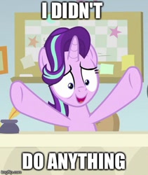 Size: 371x439 | Tagged: safe, edit, edited screencap, imported from derpibooru, screencap, starlight glimmer, pony, marks for effort, caption, i have done nothing productive all day, image macro, meme, raised hoof, smiling, text
