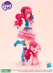 Size: 1000x1385 | Tagged: safe, artist:shunya yamashita, imported from derpibooru, kotobukiya, pinkie pie, earth pony, human, pony, bishoujo, boots, clothes, cute, eyes closed, female, humanized, kotobukiya pinkie pie, mare, moe, open mouth, pony ears, self ponidox, shoes, skirt