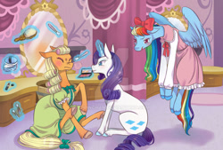Size: 1024x692 | Tagged: safe, artist:12irinchan, imported from derpibooru, applejack, rainbow dash, rarity, earth pony, pegasus, pony, unicorn, alternate hairstyle, applejack also dresses in style, bow, brush, carousel boutique, clothes, dress, eyes closed, forced makeover, glowing horn, hair bow, hair curlers, lipstick, lost bet, magic, makeover, makeup, obtrusive watermark, rainbow dash always dresses in style, rainbow dash is not amused, telekinesis, tomboy taming, unamused, unshorn fetlocks, watermark